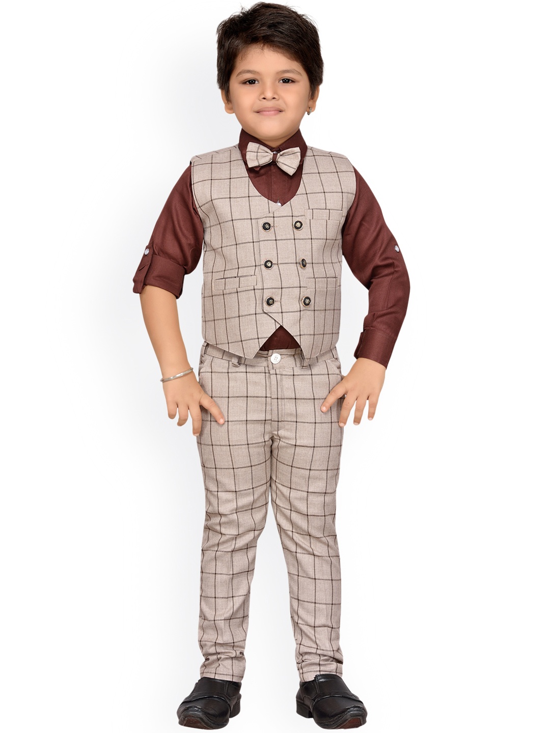 

Aj DEZInES Boys Coffee Brown & Beige Checked Clothing Set