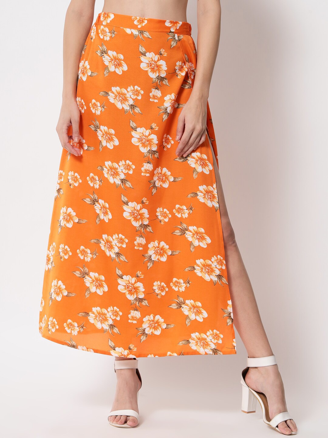

PURYS Women Orange Floral Printed Side Slit Skirt
