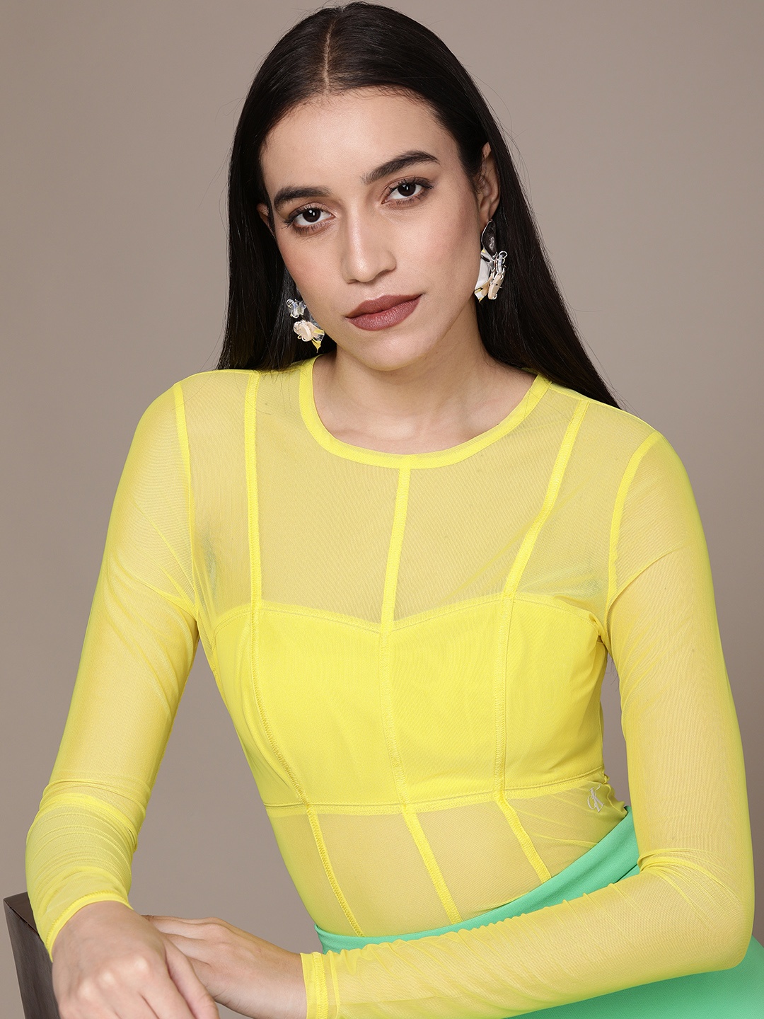 

Calvin Klein Jeans Women Yellow Solid Semi Sheer Bodysuit