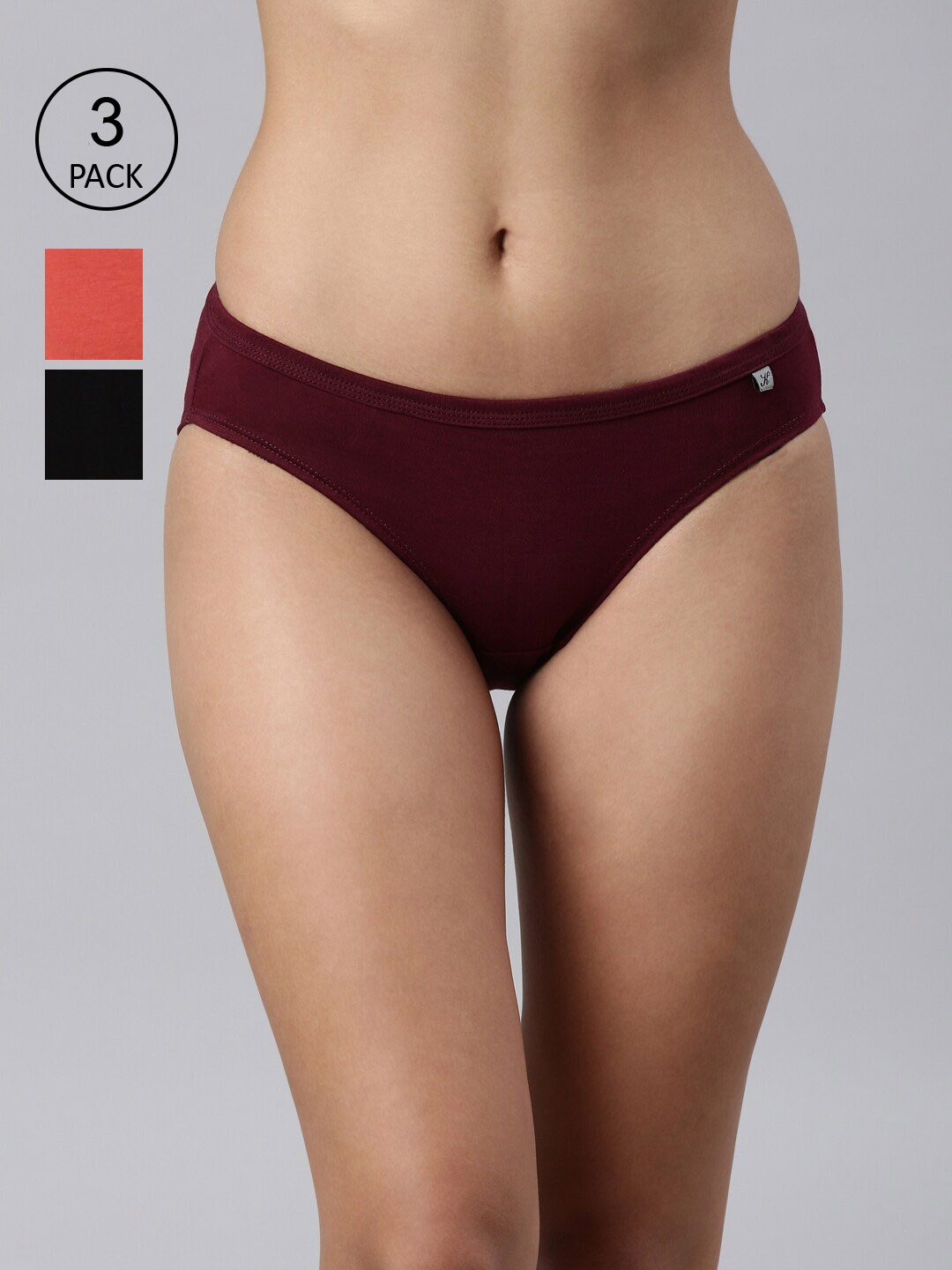 

Kryptic Women Pack Of 3 Burgundy & Coral Solid Cotton Bikini Briefs