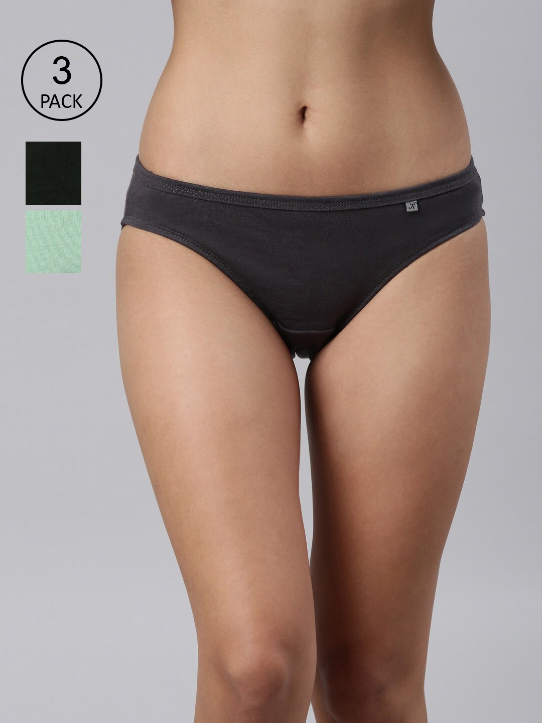 

Kryptic Women Pack Of 3 Green & Grey Solid Cotton Bikini Briefs