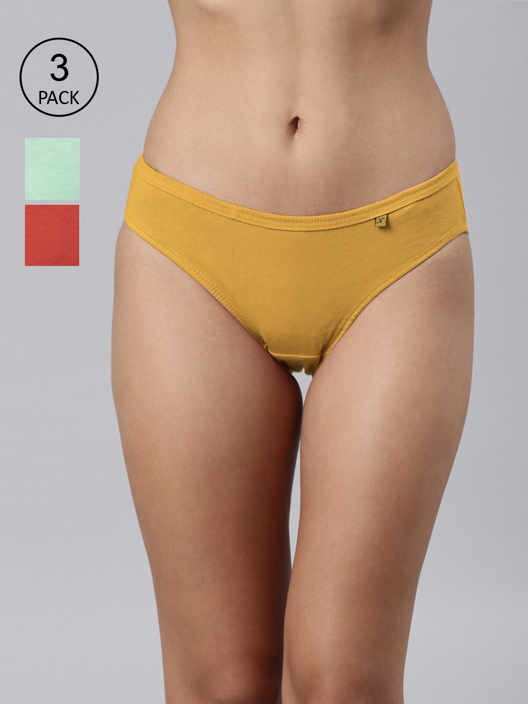 

Kryptic Women Pack Of 3 Coral & Pista Green Solid Cotton Bikini Briefs, Mustard