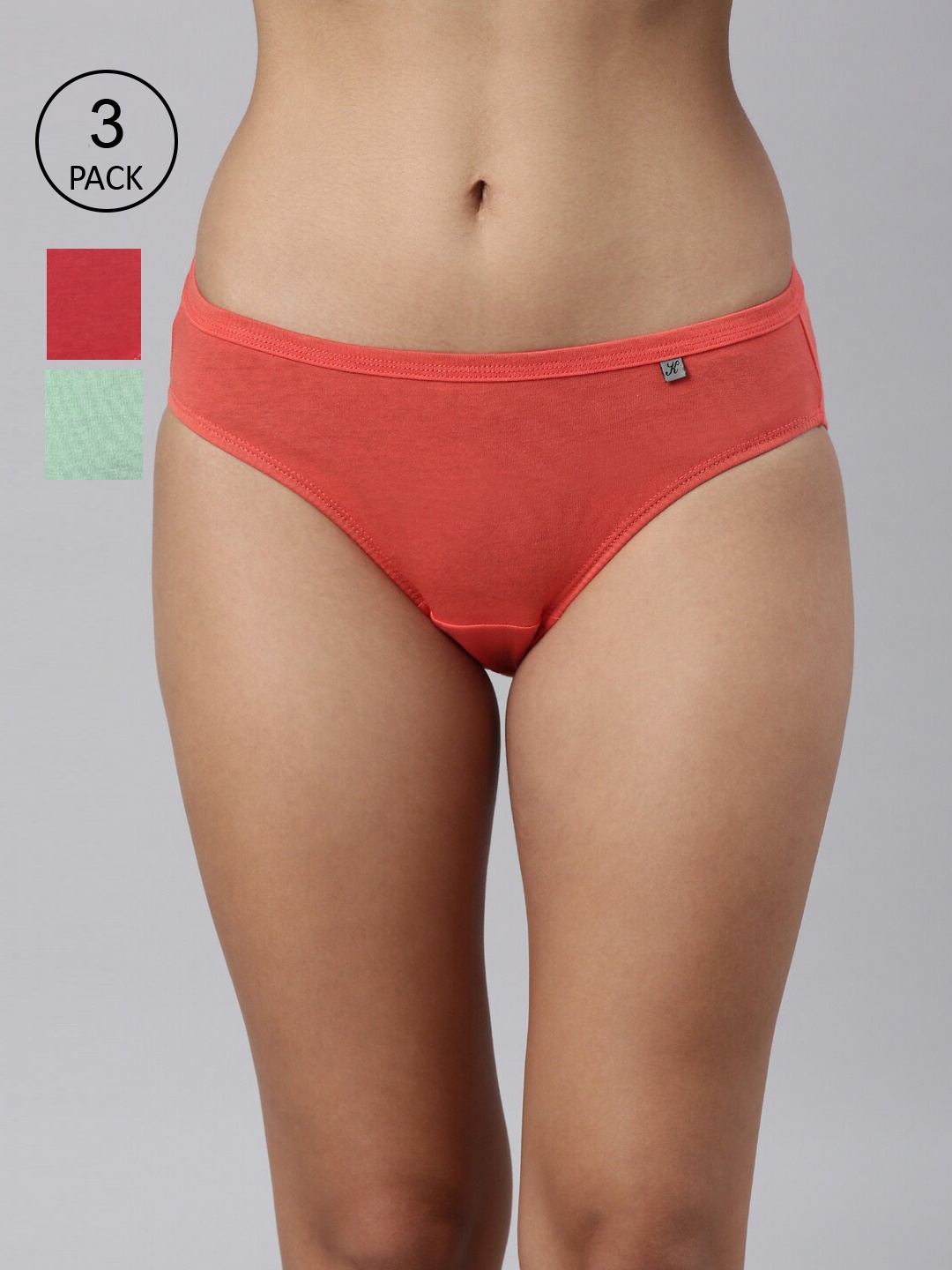 

Kryptic Women Pack Of 3 Coral & Green Solid Cotton Bikini Briefs