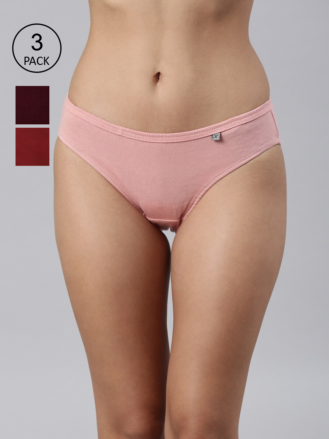 

Kryptic Women Pack Of 3 Pink & Burgundy Solid Cotton Bikini Briefs