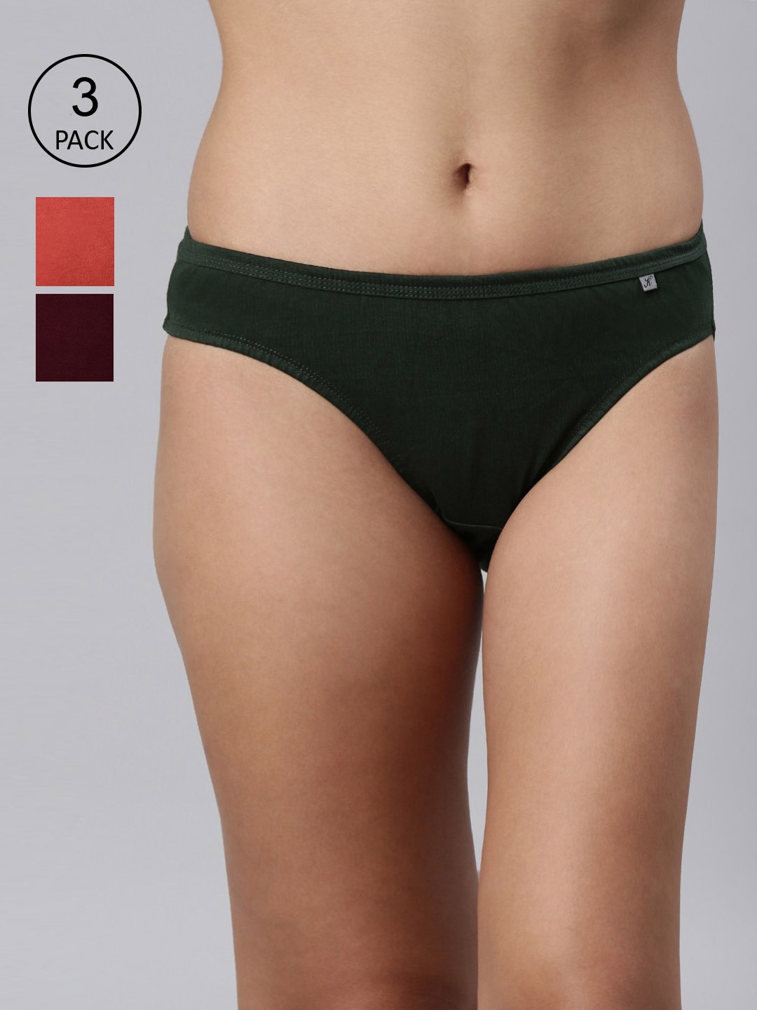 

Kryptic Women Pack Of 3 Coral & Burgundy Solid Pure Cotton Bikini Briefs
