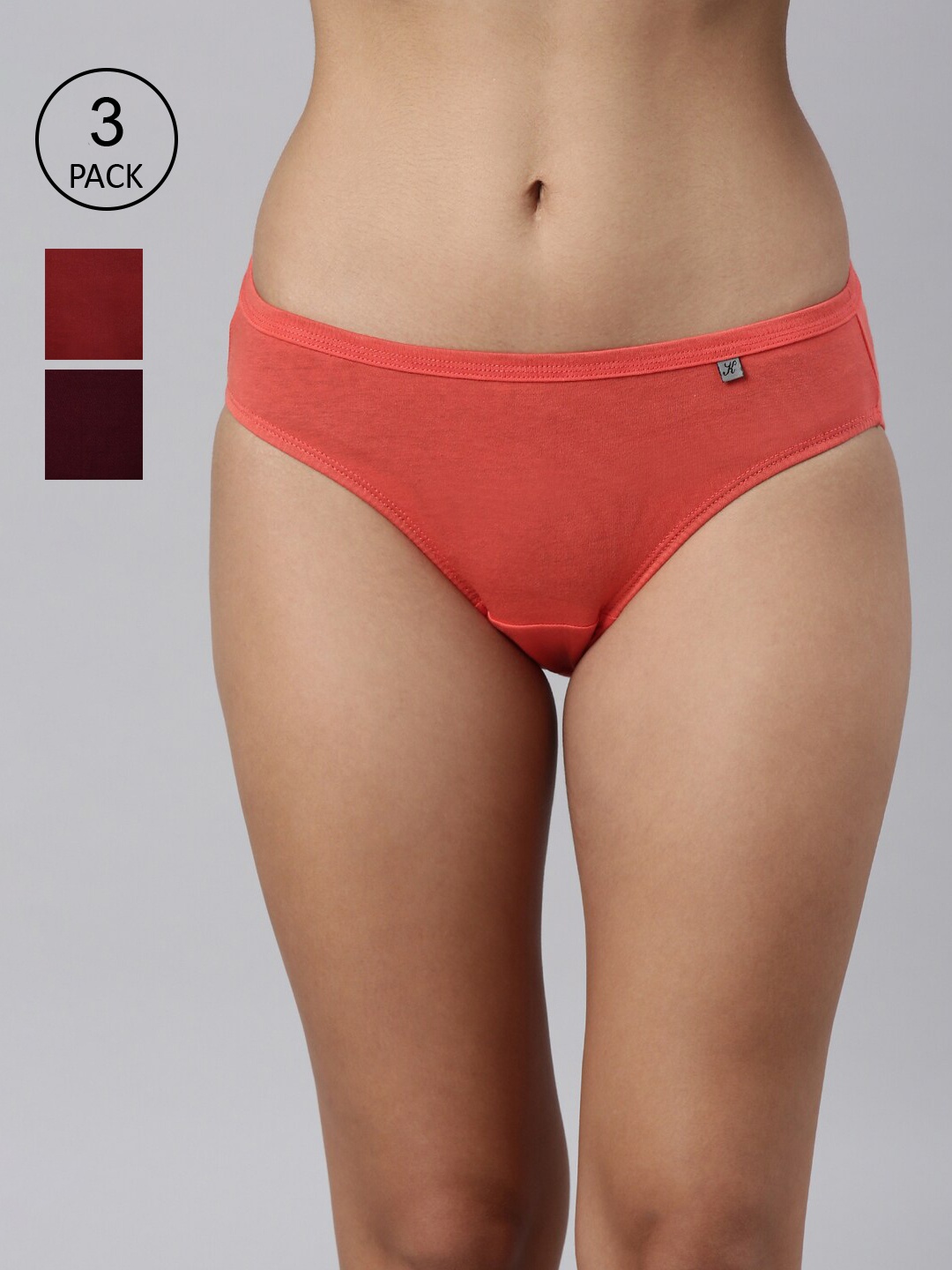 

Kryptic Women Pack Of 3 Burgundy & Rust Solid Cotton Bikini Briefs