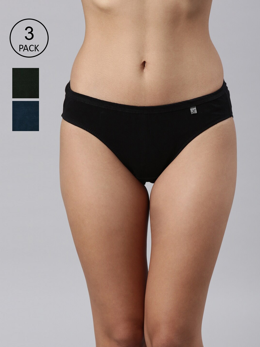 

Kryptic Women Black & Green Pack Of 3 Solid Pure Cotton Bikini Briefs