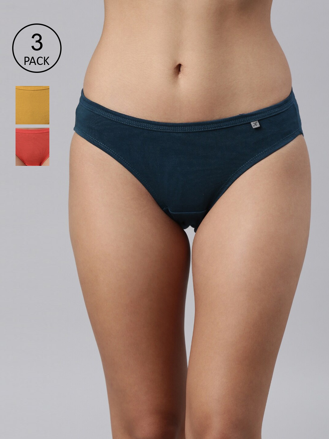 

Kryptic Women Pack Of 3 Coral & Mustard Solid Cotton Bikini Briefs