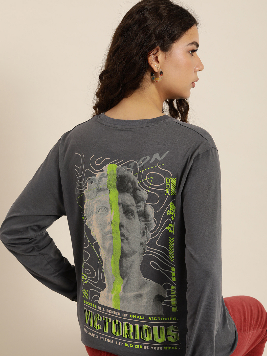 

Difference of Opinion Women Printed Pure Cotton Oversized T-shirt, Grey