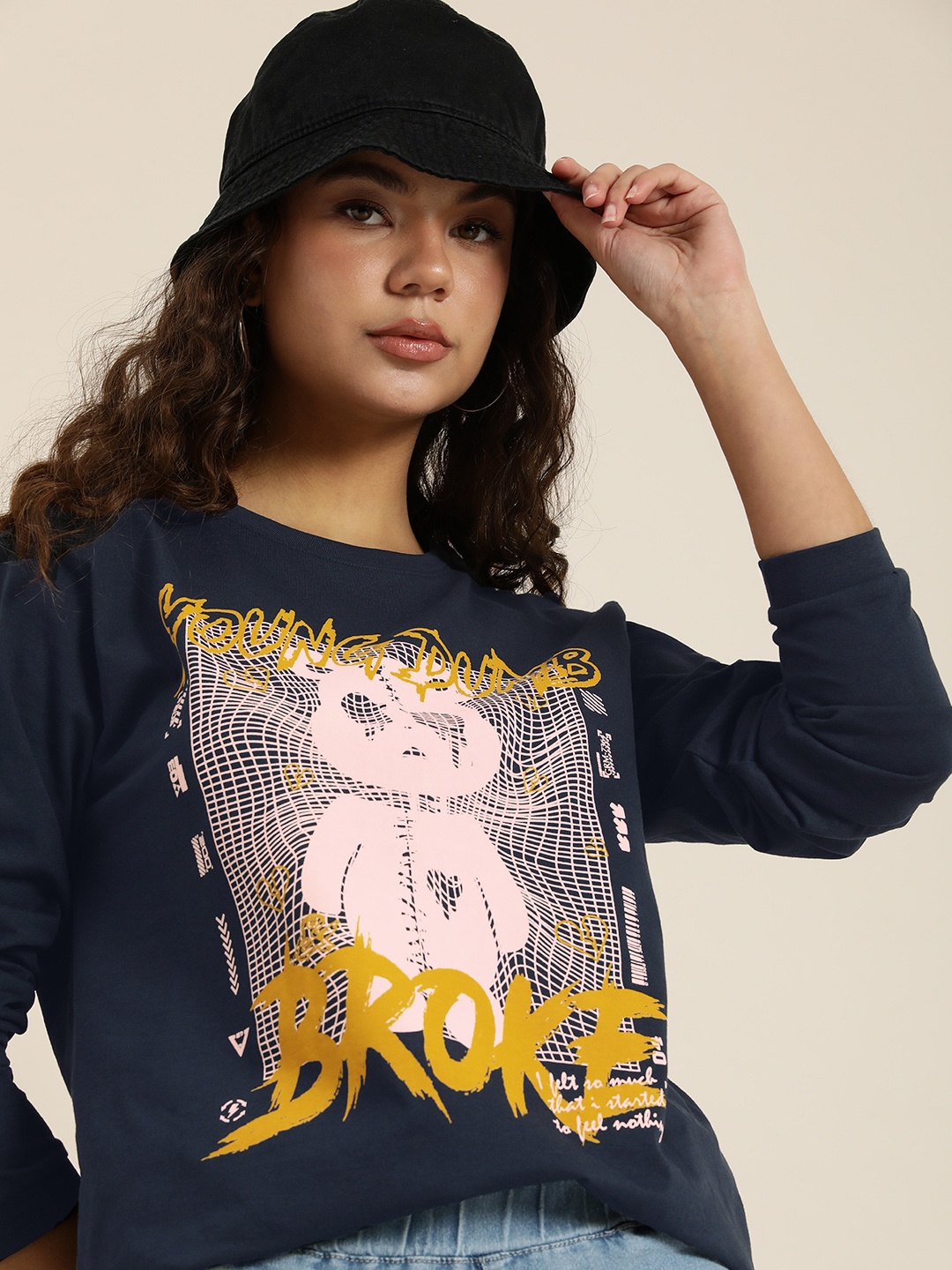 

Difference of Opinion Women Printed Cotton Oversized T-shirt, Navy blue