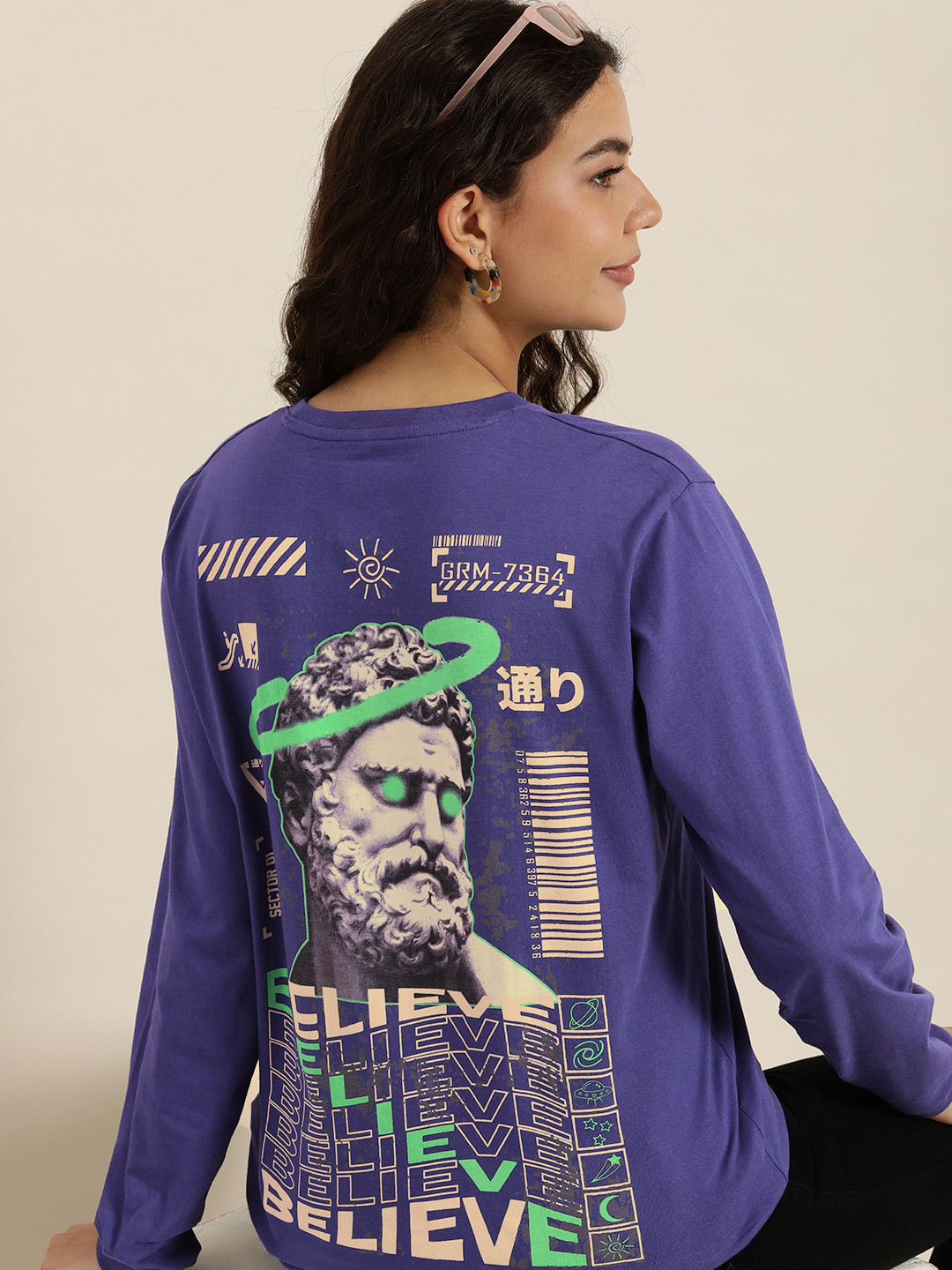 

Difference of Opinion Women Printed Oversized T-shirt, Navy blue