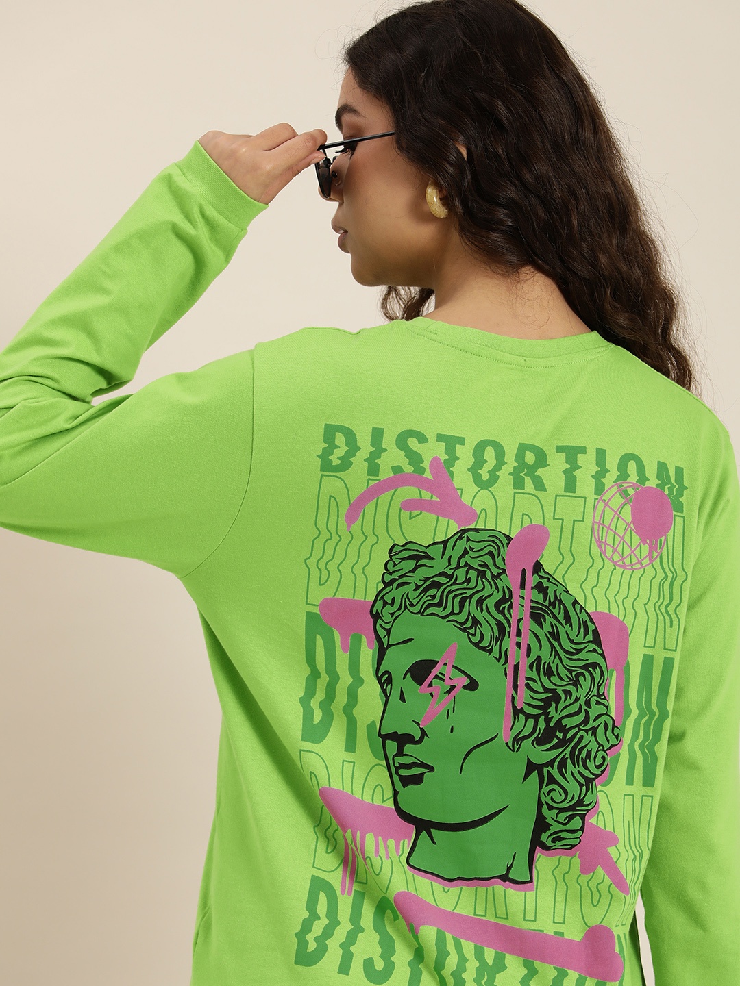 

Difference of Opinion Women Printed Pure Cotton Oversized T-shirt, Fluorescent green