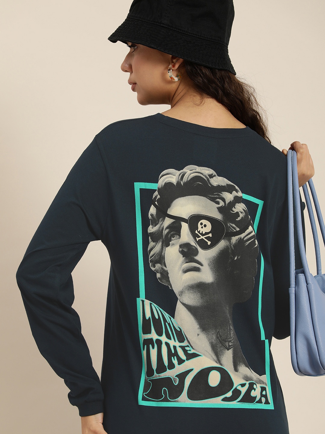 

Difference of Opinion Women Printed Pure Cotton Oversized T-shirt, Navy blue