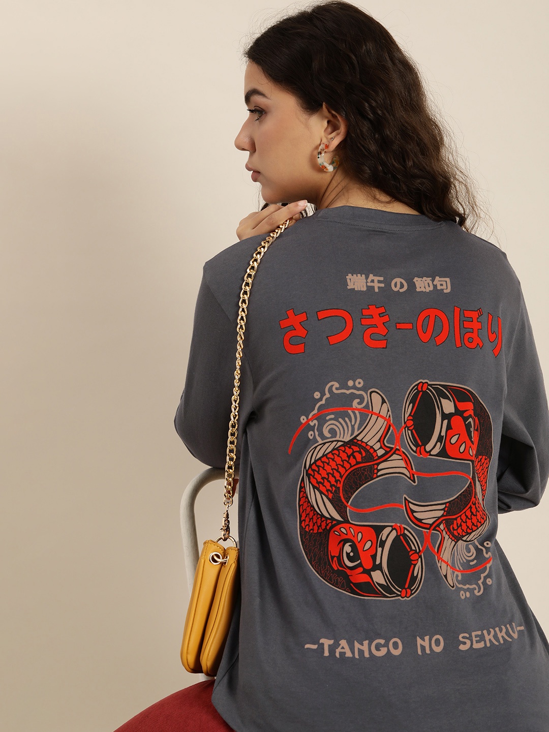 

Difference of Opinion Women Printed Pure Cotton Oversized T-shirt, Grey