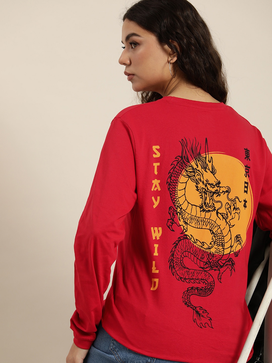 

Difference of Opinion Women Printed Pure Cotton Oversized T-shirt, Red