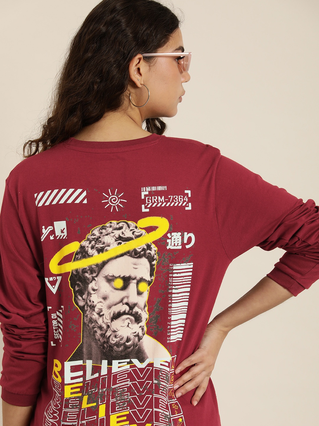 

Difference of Opinion Women Printed Pure Cotton Oversized T-shirt, Maroon