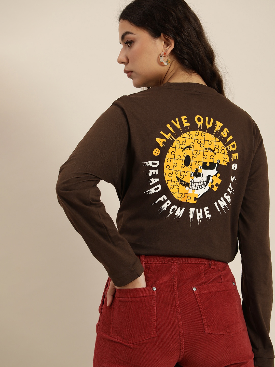 

Difference of Opinion Women Printed Pure Cotton Oversized T-shirt, Brown