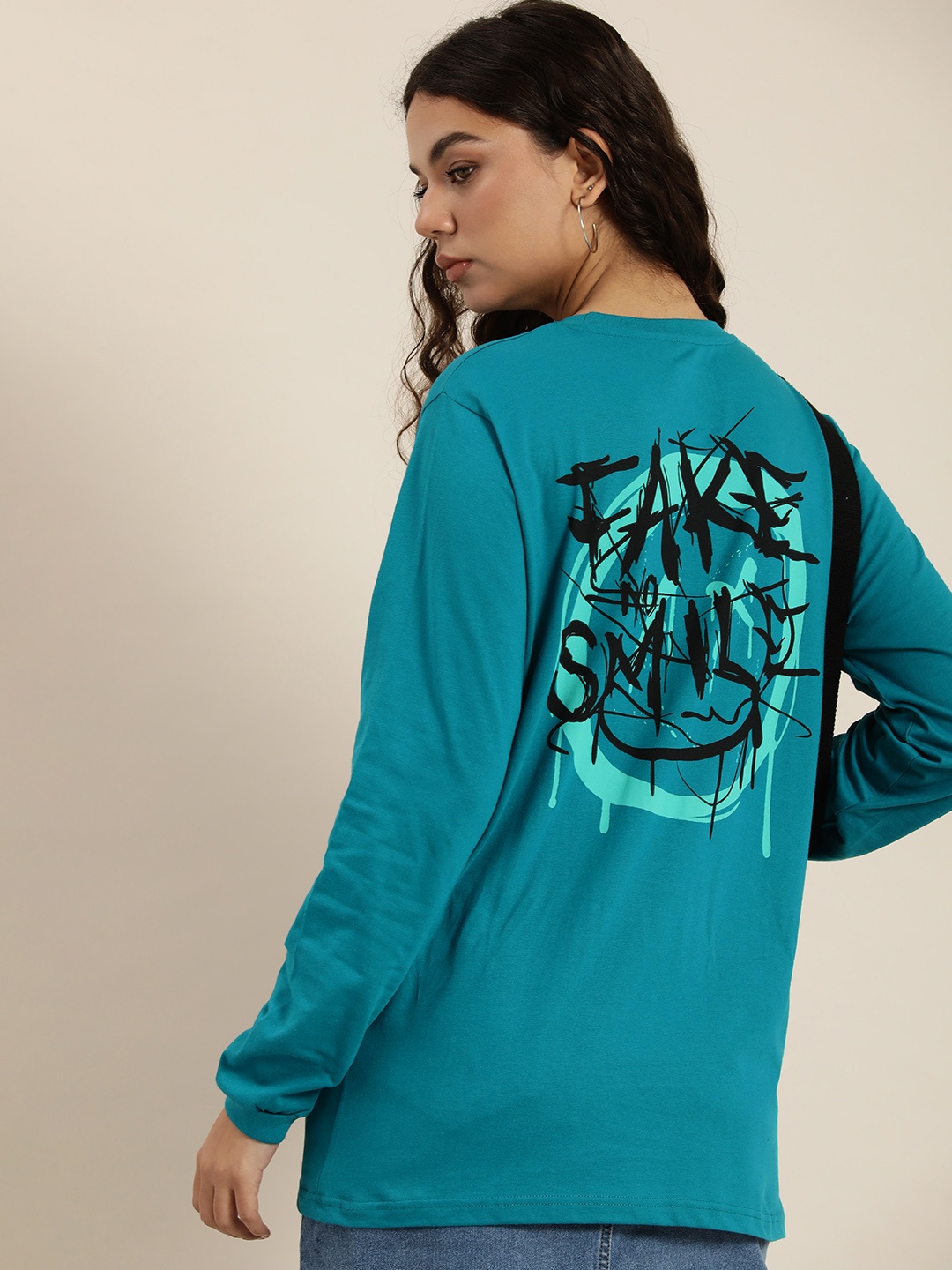 

Difference of Opinion Women Turquoise Blue Printed Pure Cotton Oversized T-shirt