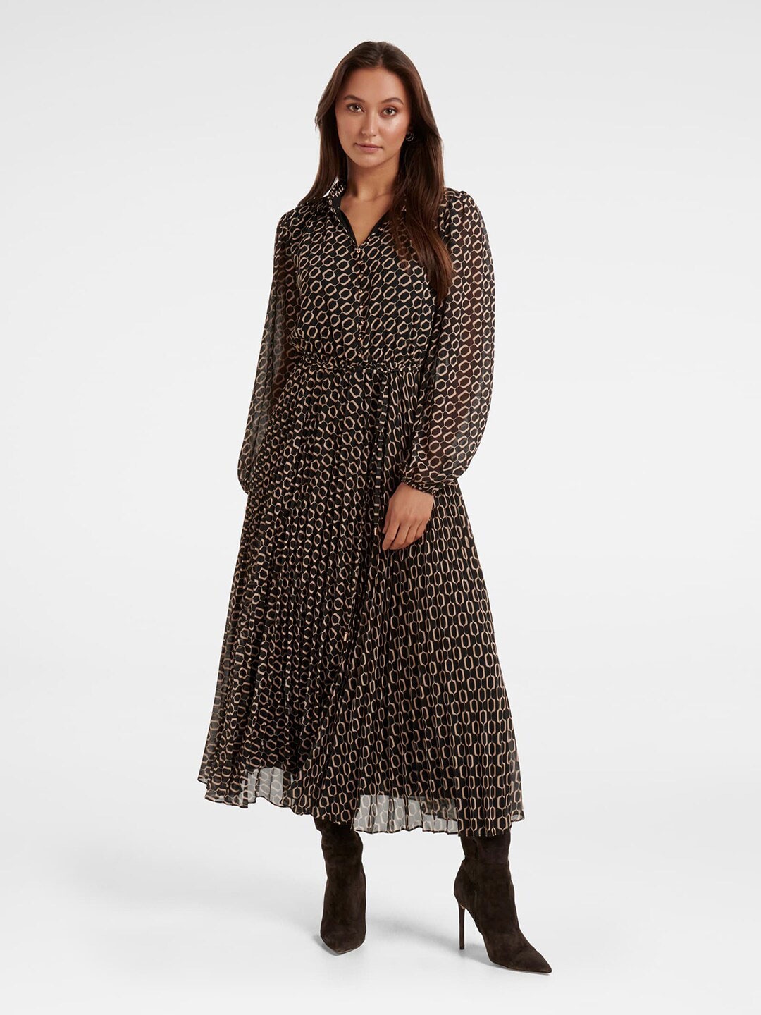 

Forever New Black Shirt Cuffed Sleeves Midi Dress
