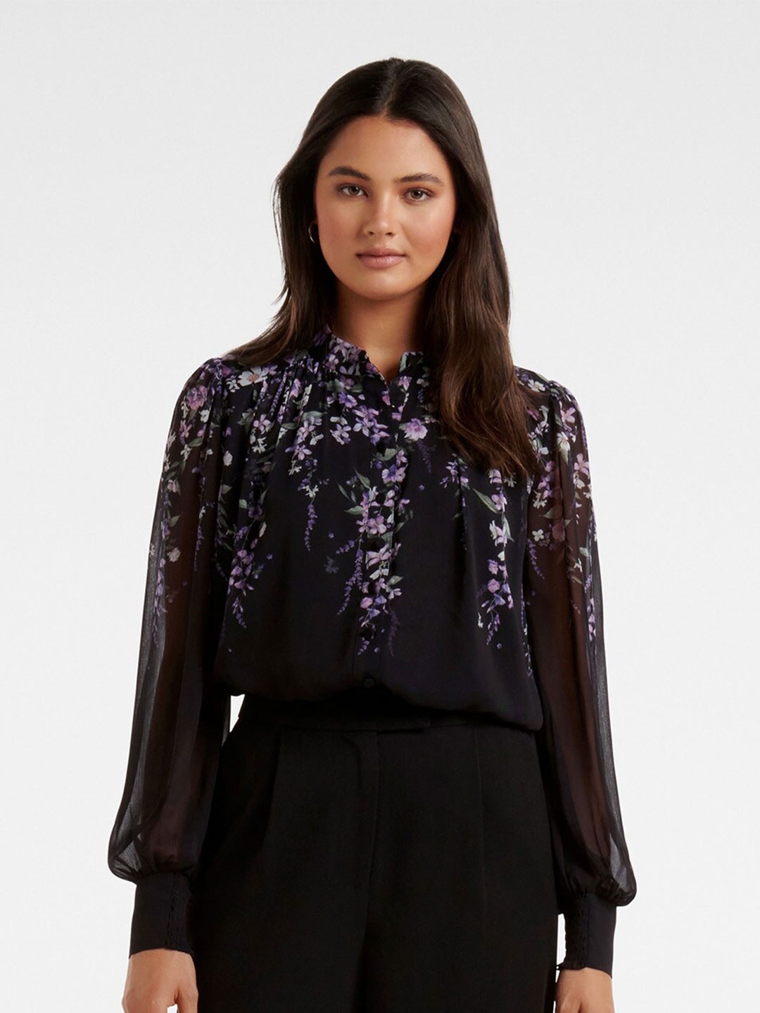 

Forever New Black & Violet Floral Printed Shirt Style Top