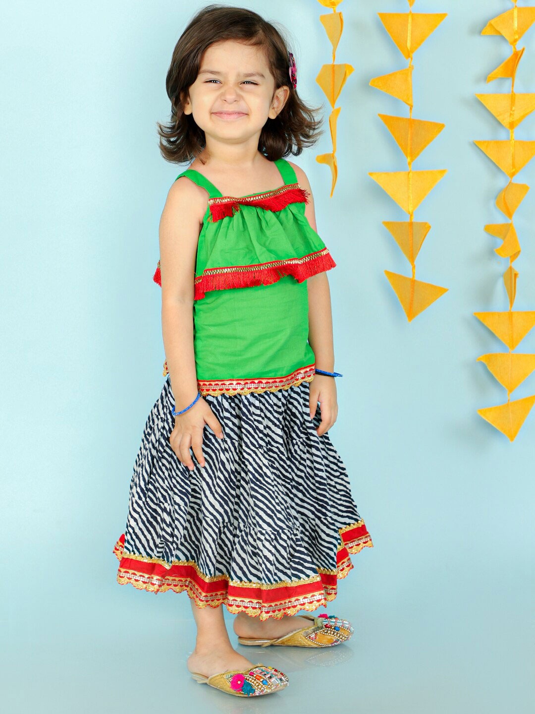 

KID1 Girls Green & Black Cotton Ready to Wear Lehenga Choli