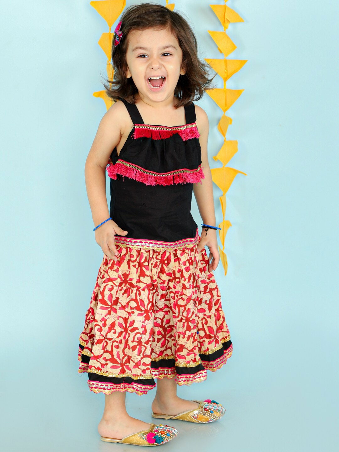 

KID1 Girls Black & Pink Cotton Ready to Wear Lehenga Choli