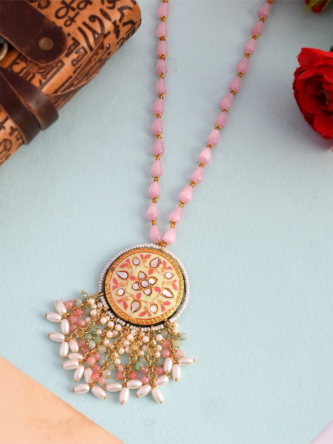

DASTOOR Women Pink & White Gold-Plated Onyx Beaded Necklace