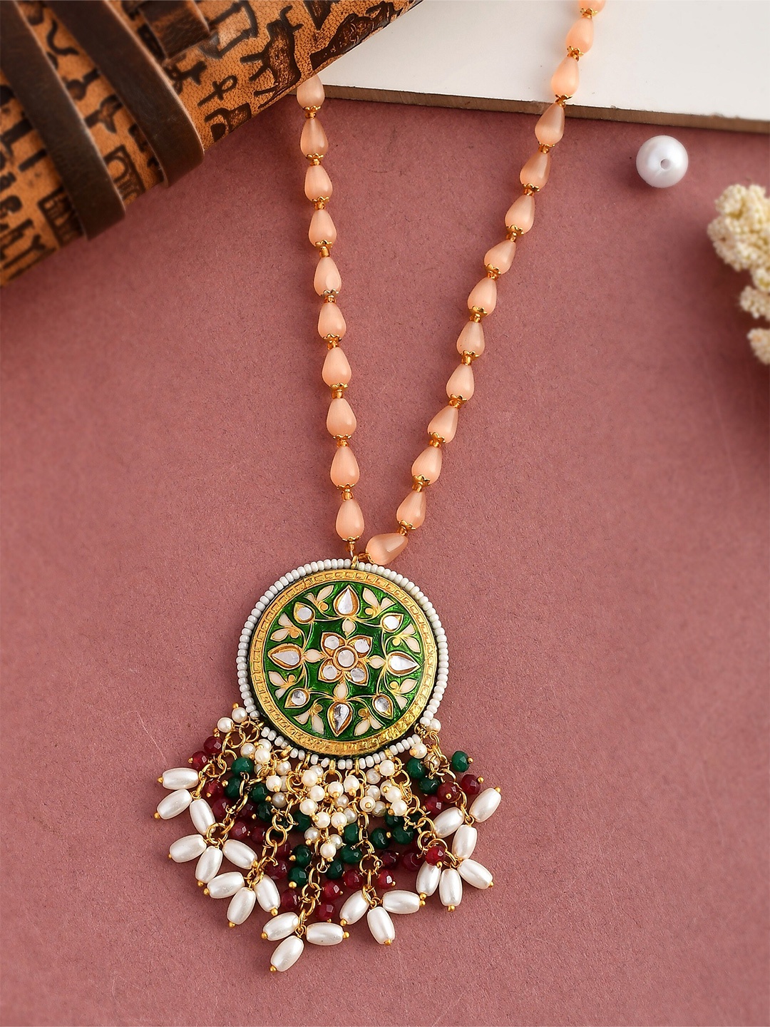 

DASTOOR Women Orange & Green Gold-Plated Onyx Beaded Necklace