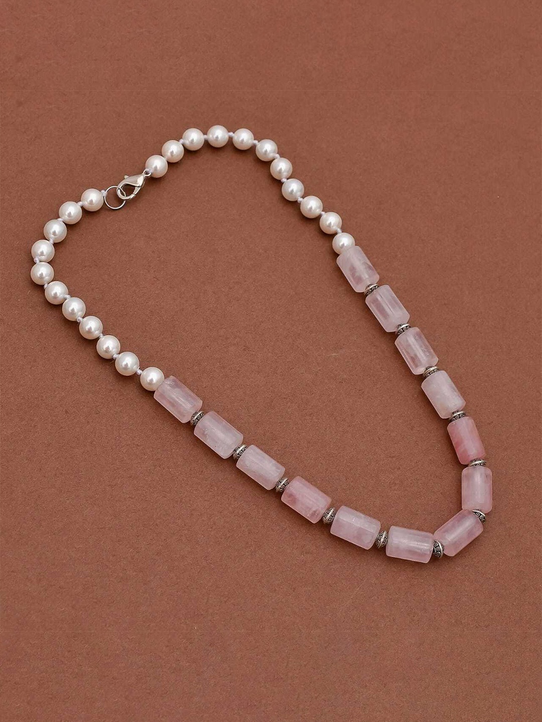 

DASTOOR Women Pink & White Silver-Plated Onyx Beaded Necklace