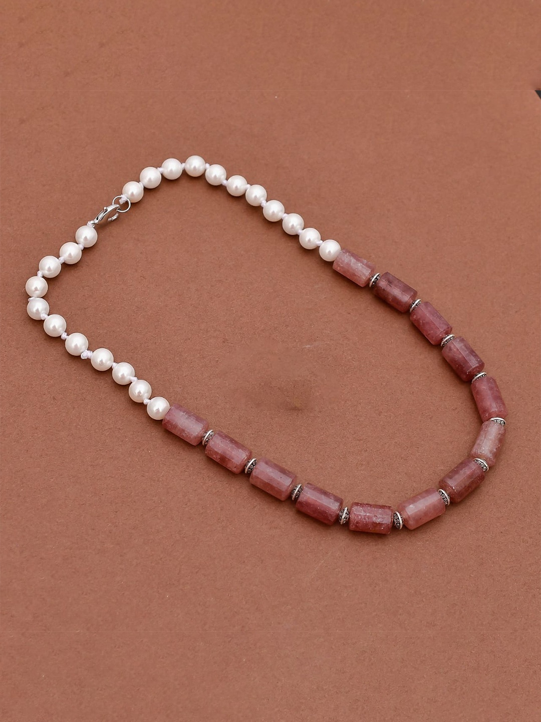 

DASTOOR Women Pink & White Silver-Plated Onyx Beaded Necklace