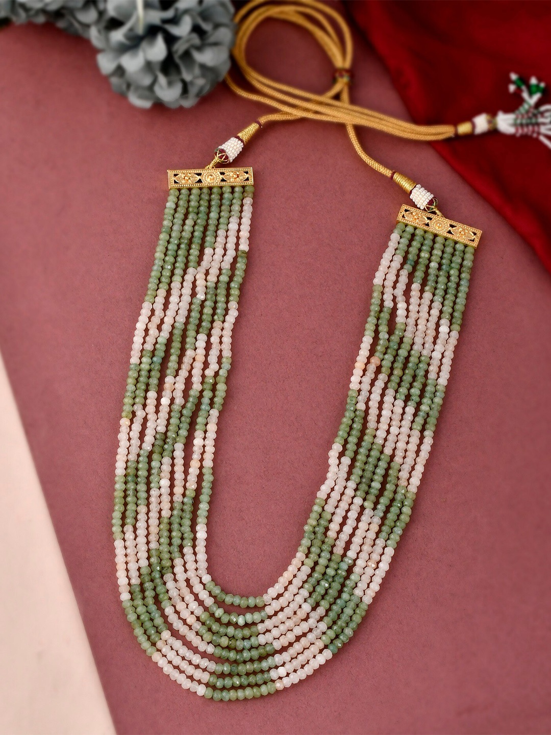 

DASTOOR Women Green & Pink Gold-Plated Onyx Beaded Layered Necklace