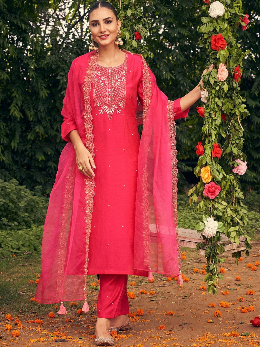 

AUTUMN LANE Women Red Embroidered Beads and Stones Kurta with Salwar & Dupatta