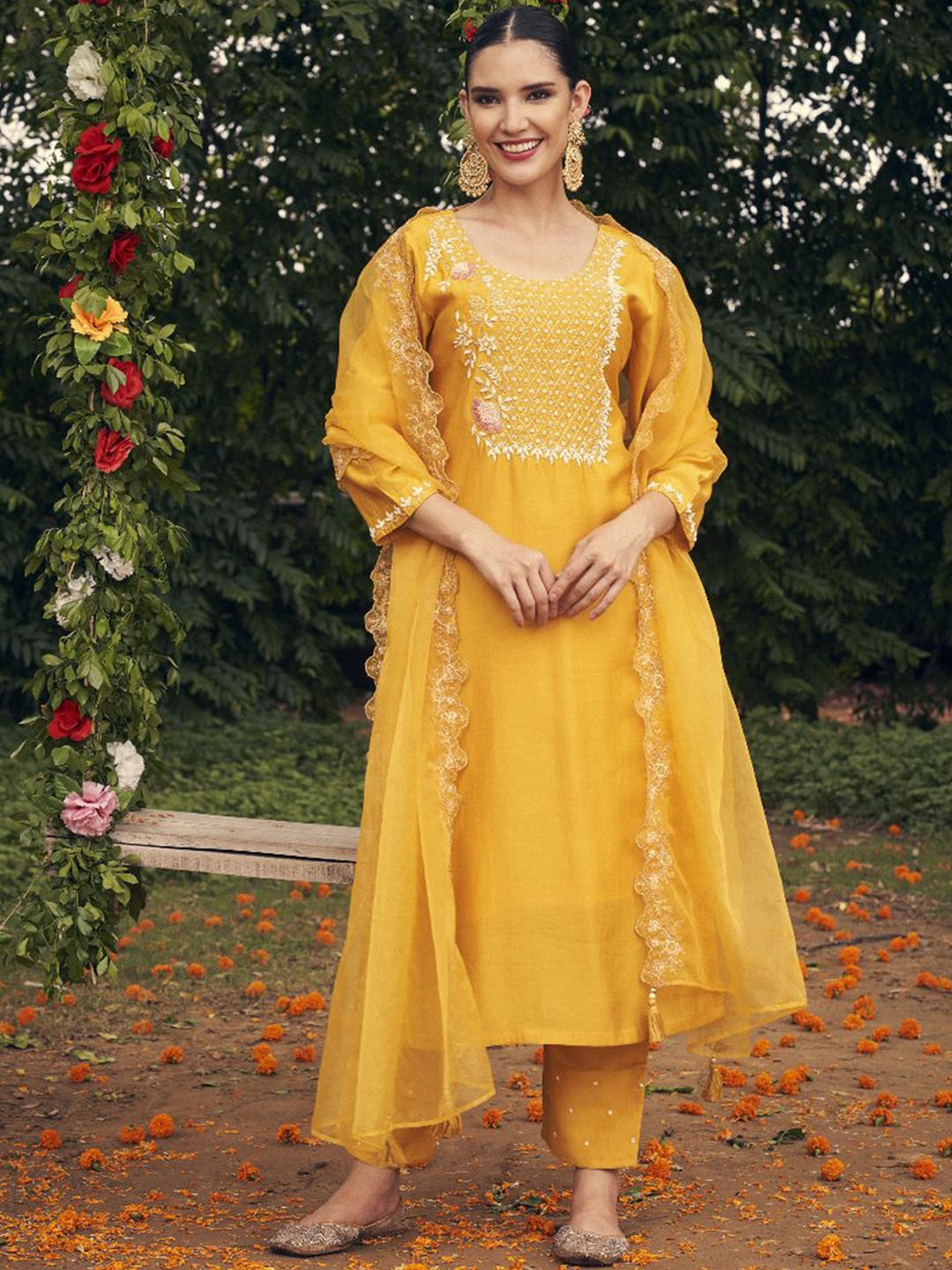

AUTUMN LANE Women Yellow Embroidered Beads and Stones Kurta with Trousers & Dupatta