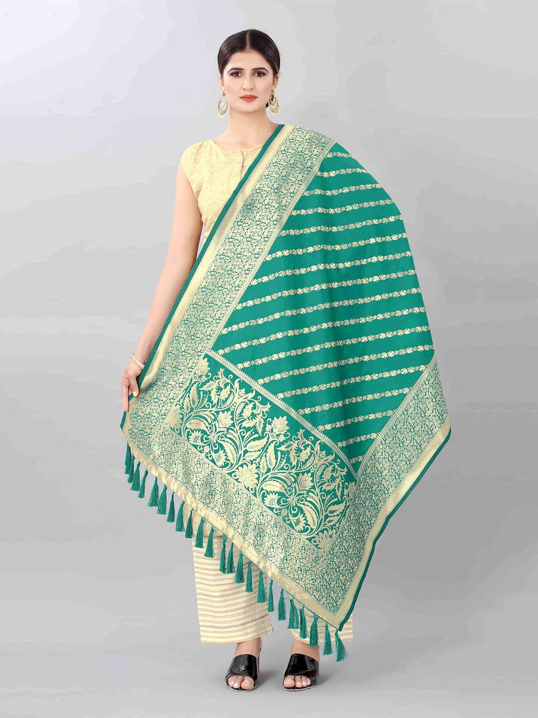

Silk Land Teal Green & Gold-Toned Woven Design Art Silk Dupatta with Zari