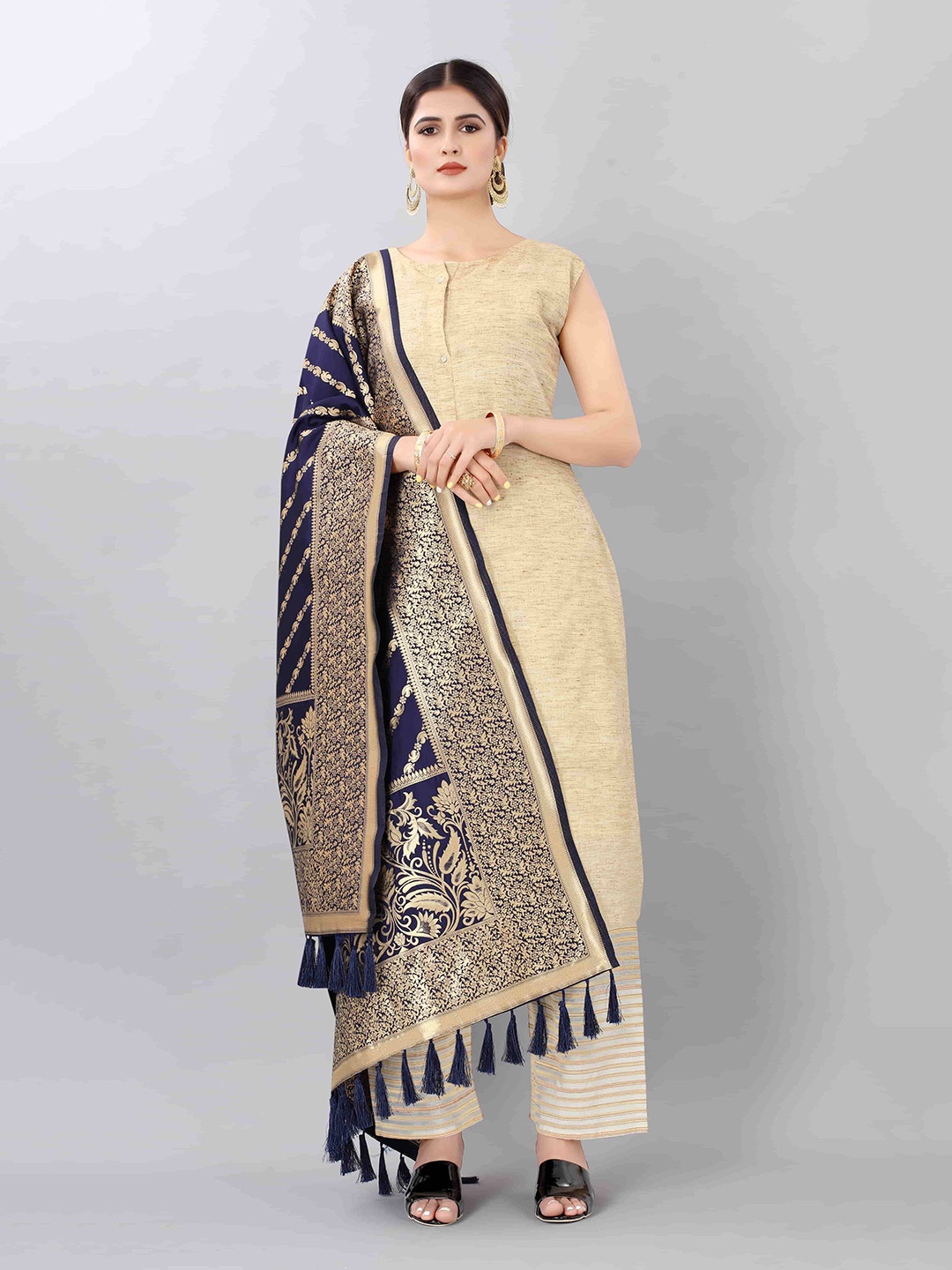 

Silk Land Navy Blue & Gold-Toned Woven Design Art Silk Dupatta with Zari