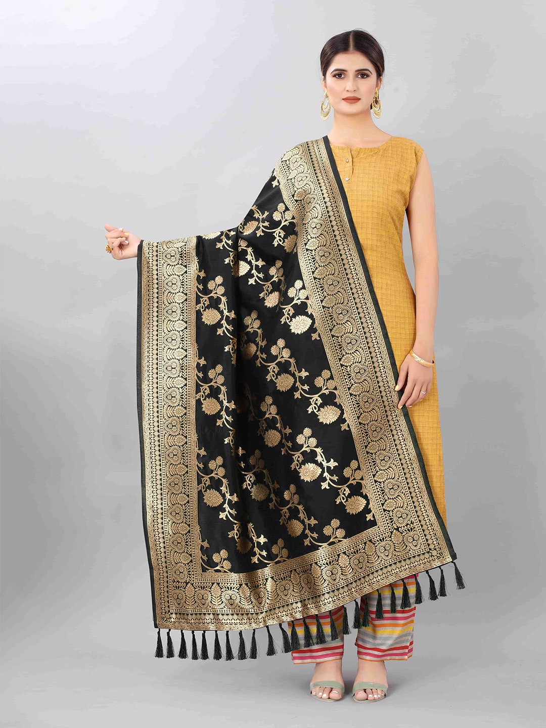

Silk Land Black & Gold-Toned Woven Design Jacquard Banarasi Dupatta with Zari