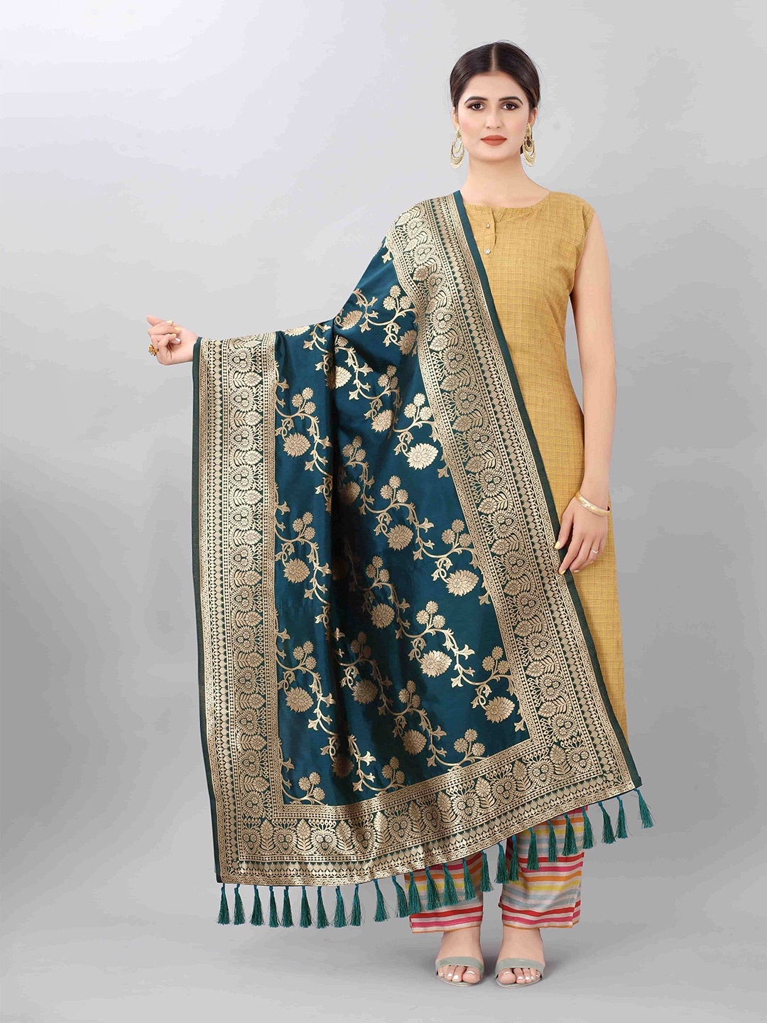 

Silk Land Blue & Gold-Toned Woven Design Jacquard Banarasi Dupatta with Zari