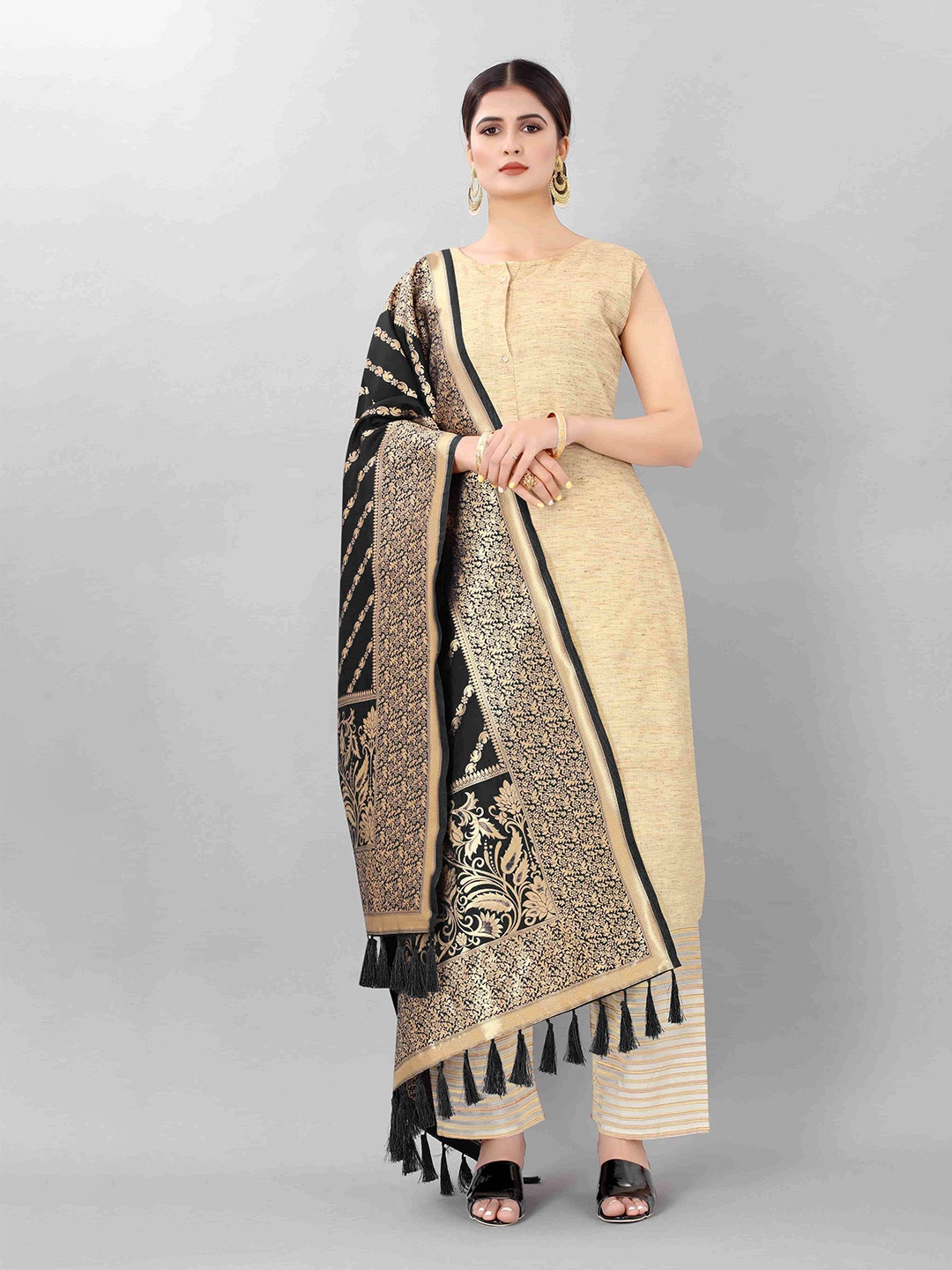 

Silk Land Black & Gold-Toned Woven Design Art Silk Dupatta with Zari