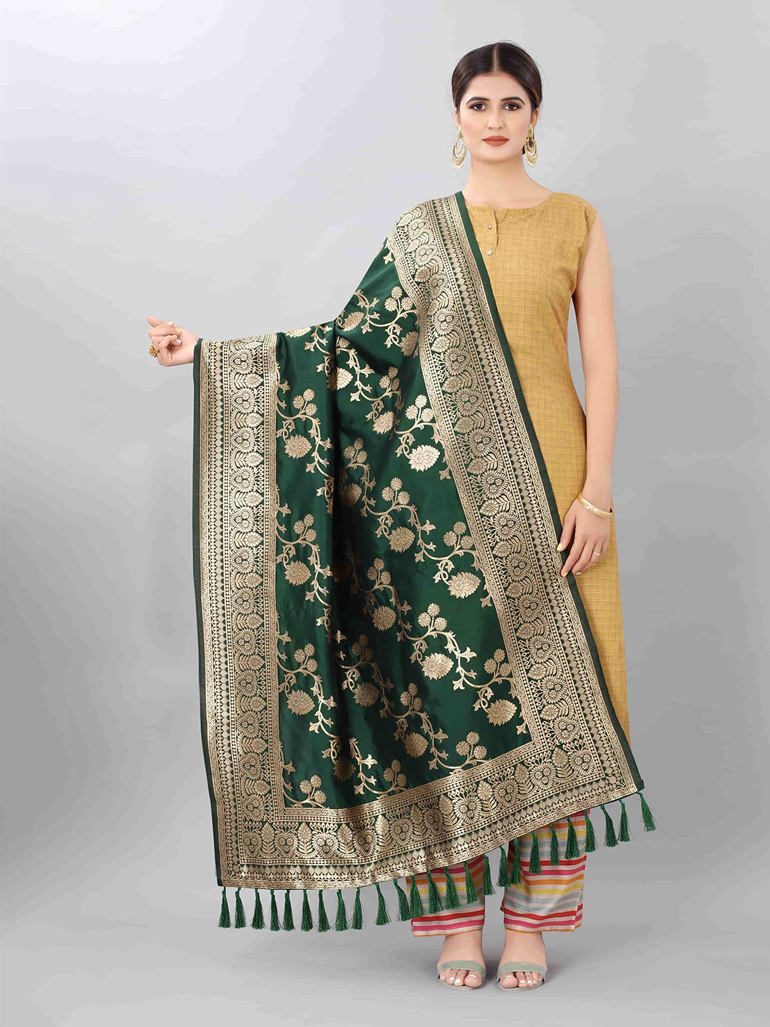 

Silk Land Green & Gold-Toned Woven Design Art Silk Dupatta with Zari