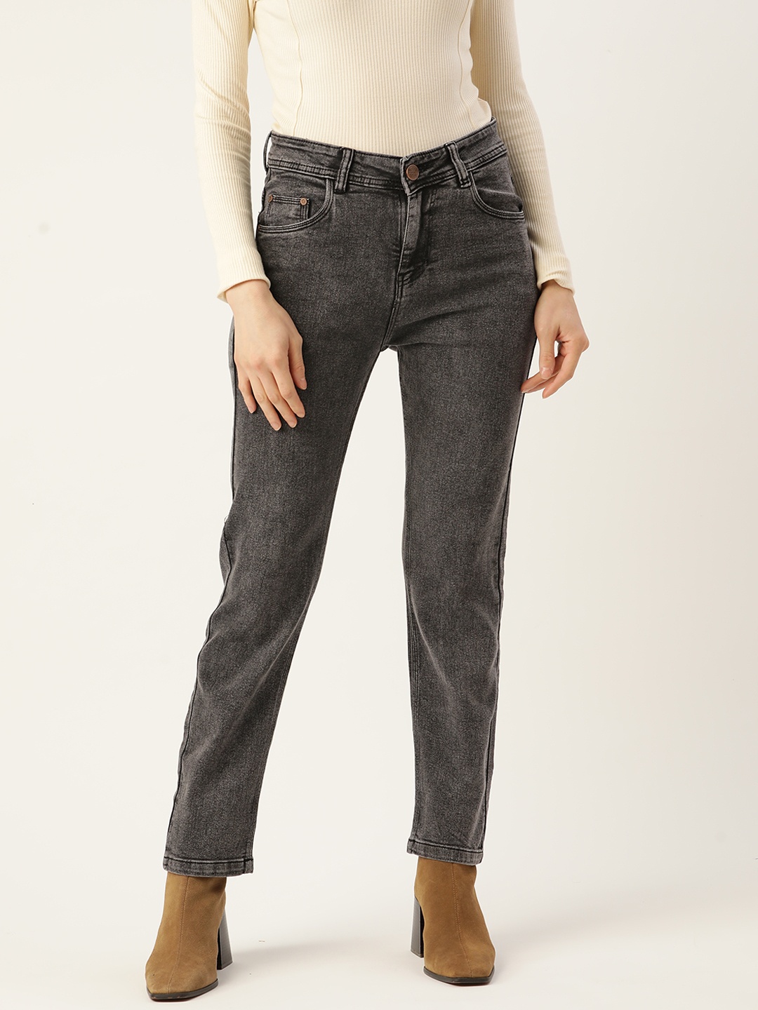 

PARIS HAMILTON Women Charcoal Boyfriend Fit High-Rise Stretchable Jeans