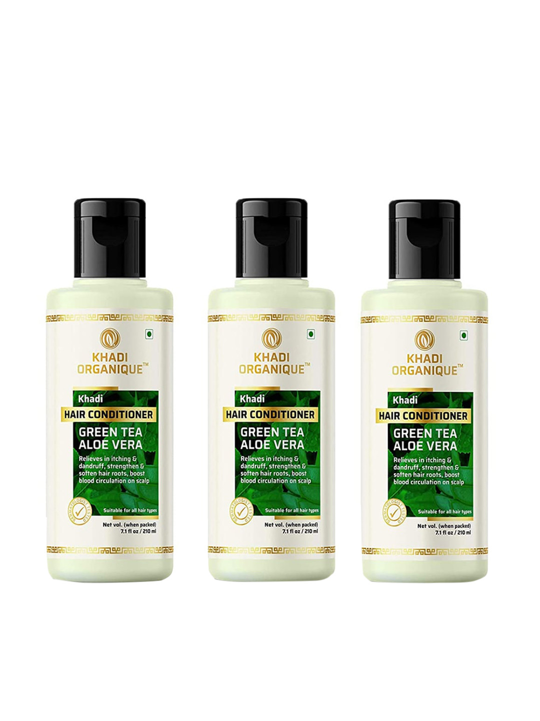 

Khadi Organique Set Of 3 Green Tea Aloevera Conditioner For Hair Dandruff 630ml, Transparent