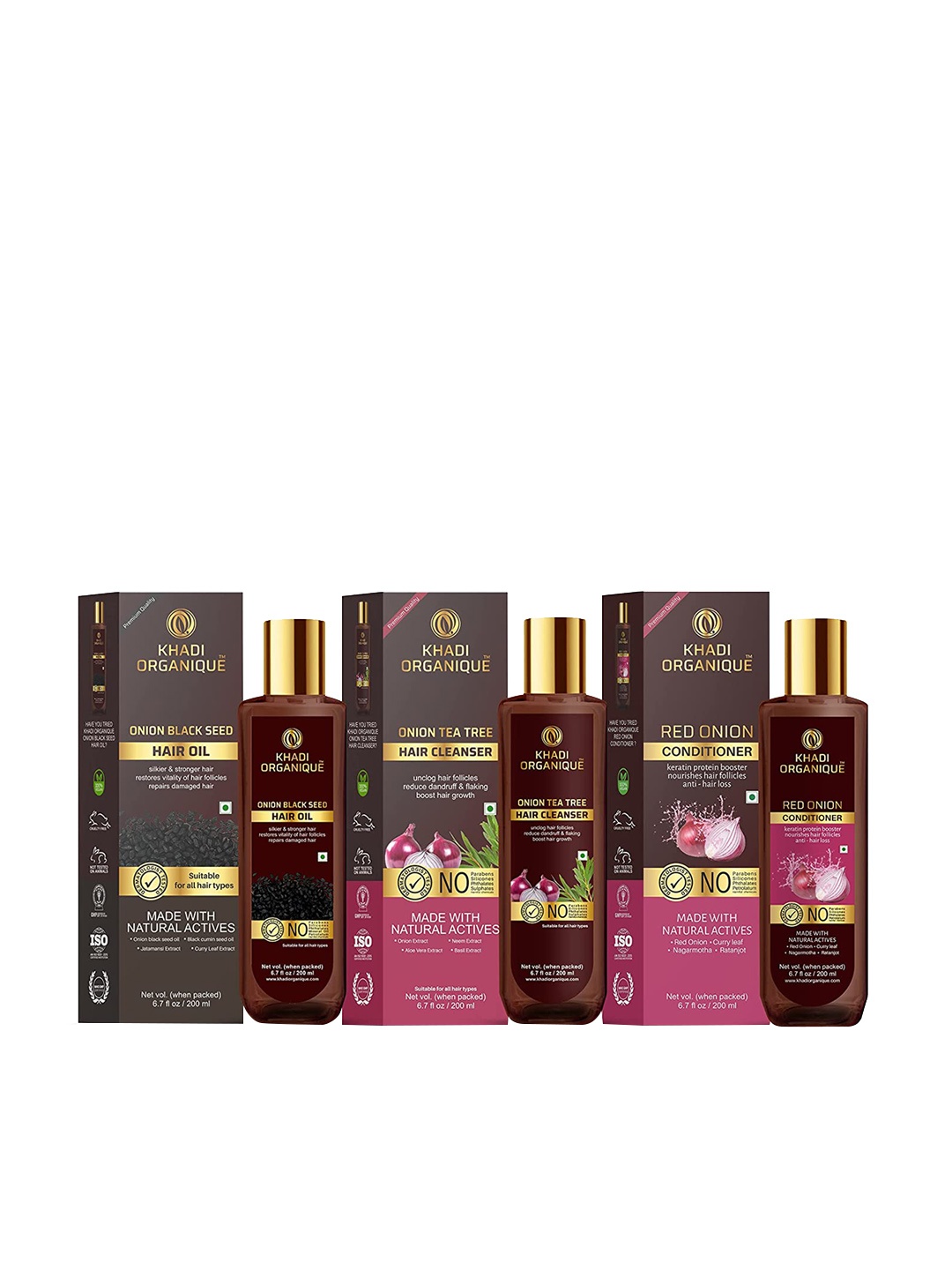 

Khadi Organique Hair Conditioner, Onion Black Seed Hair Oil, Tea Tree Hair Shampoo 600 ml, Multi