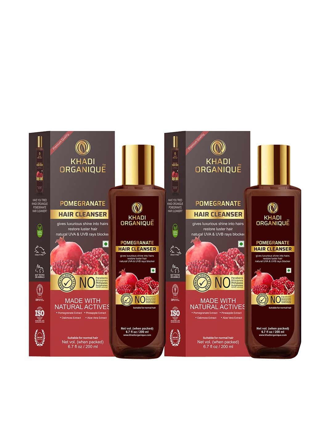 

Khadi Organique Set Of 2 Pomegranate Shampoo For Hairs and UVA & UVB Rays Blocked 400ml, Transparent