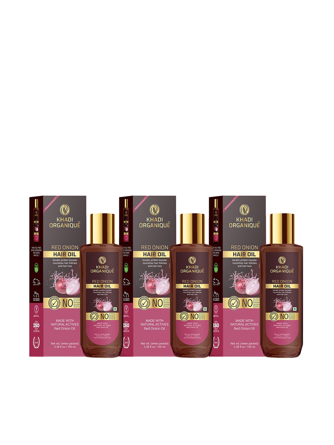 

Khadi Organique Set Of 3 Red Onion Hair Oil For Control Hair Loss 100ml each, Transparent