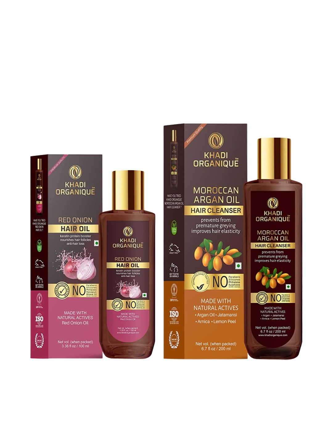 

Khadi Organique Pack of 2 Red Onion Hair Oil & Moroccan Argan Oil Hair Shampoo 300ml, Transparent