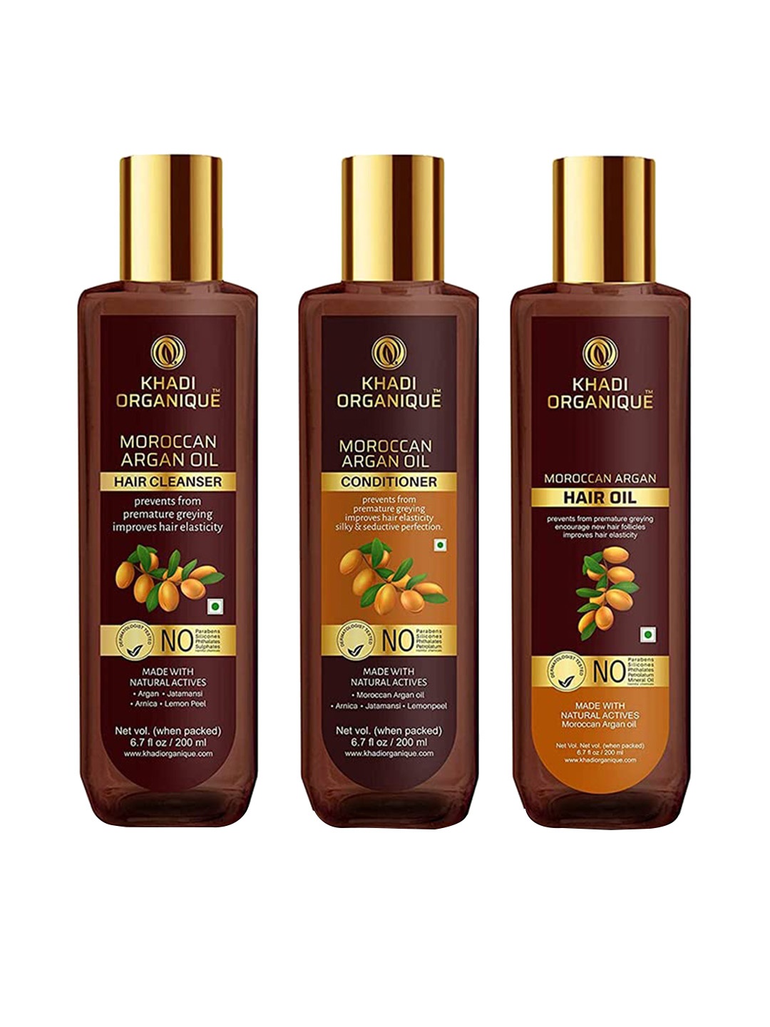 

Khadi Organique Pack Of 3 Moroccan Argan Hair Oil, Hair Shampoo & Hair Conditioner 600 ml, Transparent