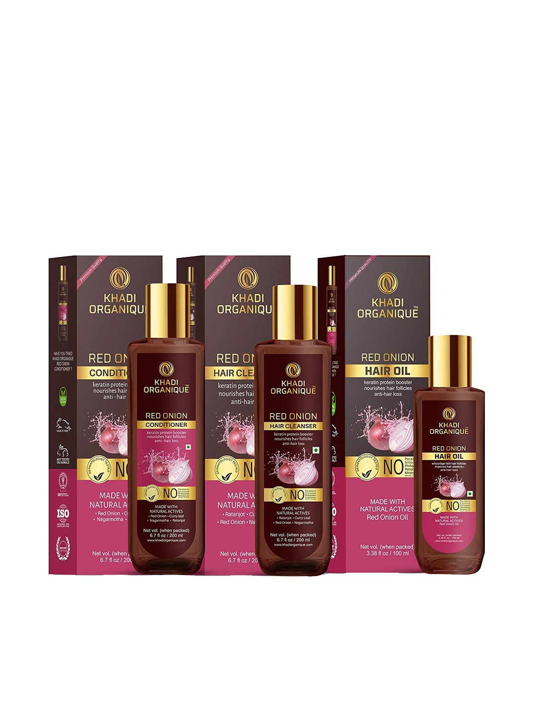 

Khadi Organique Pack Of 3 Red Onion Hair Shampoo, Hair Conditioner & Hair Oil 500 ml, Transparent