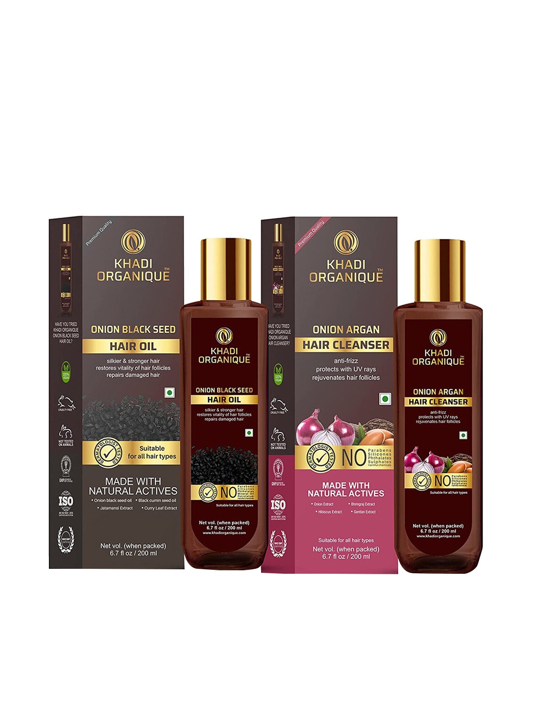 

Khadi Organique Pack of 2 Onion Black Seed Hair Oil & Onion Argan Hair Shampoo 400 ml, Transparent