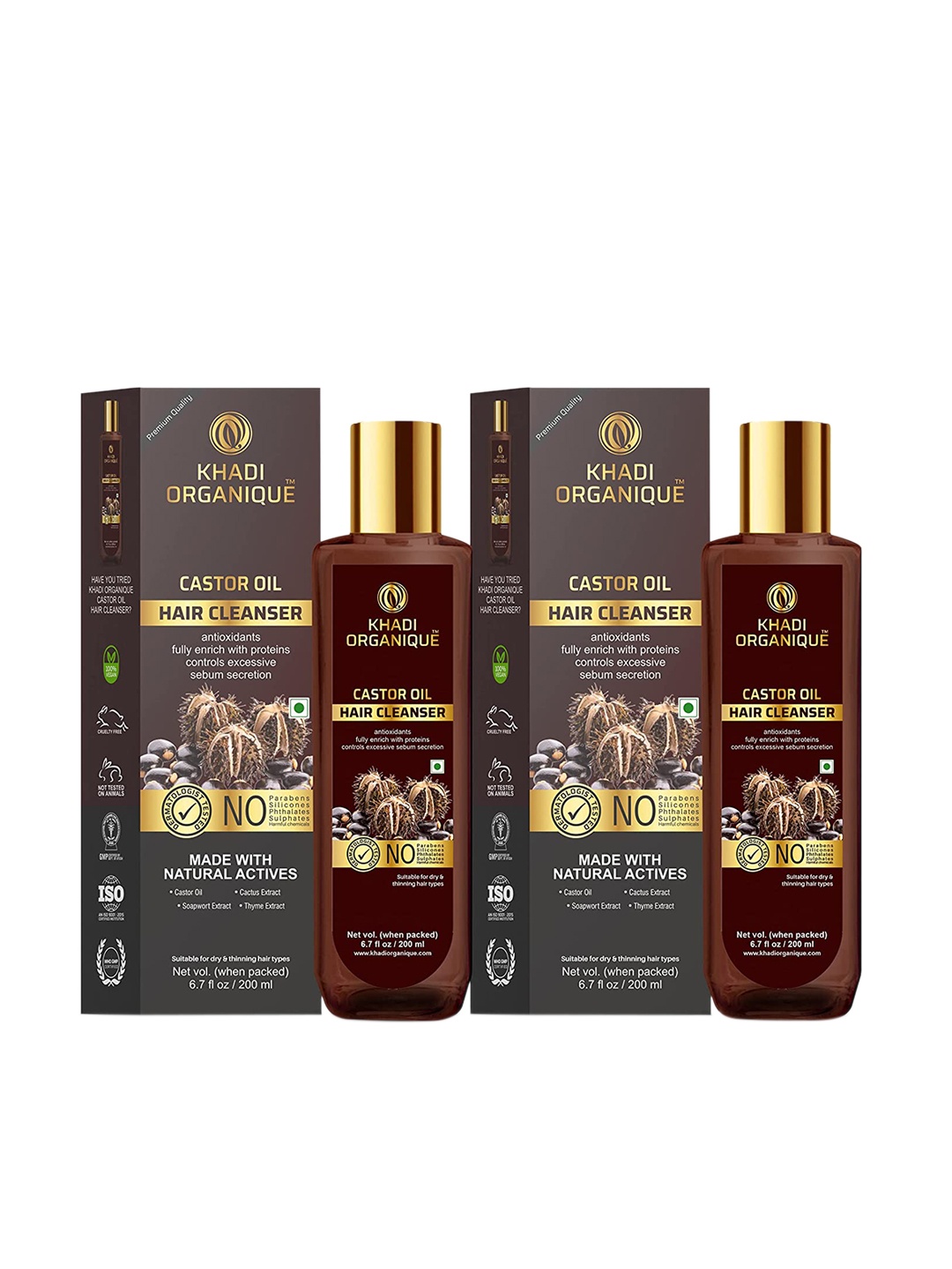 

Khadi Organique Set Of 2 Castor Oil Hair Shampoo For Hair Dandruff 400 ml, Transparent