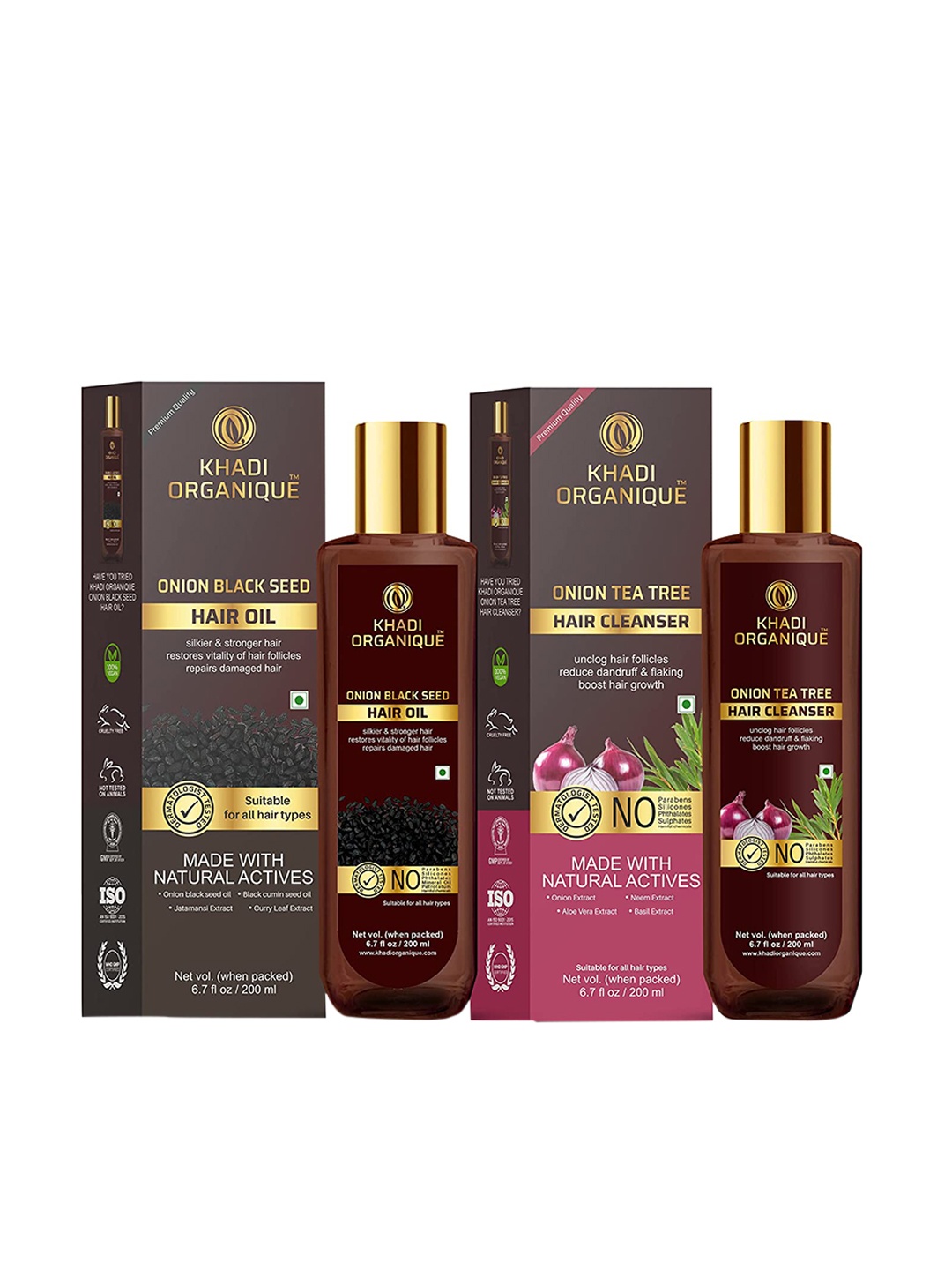 

Khadi Organique Set Of 2 Onion Black Seed Hair Oil & Onion Oil Tea Tree Shampoo 400ml, Transparent